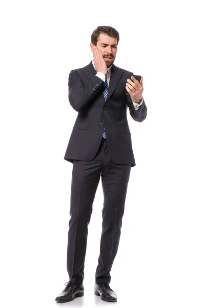 Corporate Man Elegant Businessman Standing White Background Geting Bad News — Stock Photo, Image