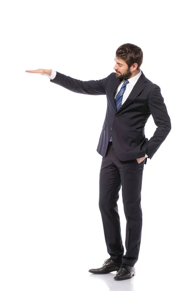 Hombre Corporativo Elegante Hombre Negocios Pie Sobre Fondo Blanco Señalando — Foto de Stock