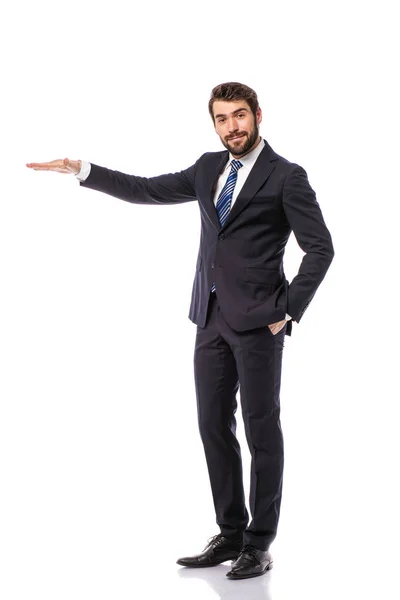 エレガントなビジネスマン ホワイト バック グラウンド ポイントや彼の右空の側面を提示の上に立って企業マン — ストック写真