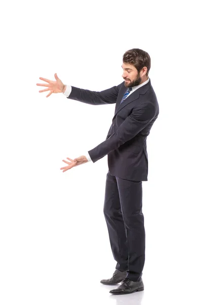 Hombre Corporativo Elegante Hombre Negocios Pie Sobre Fondo Blanco Señalando — Foto de Stock