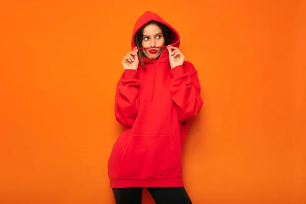 Smile Have Fun Concept Beautiful Young Woman Red Hoodie Posing — Stock Photo, Image