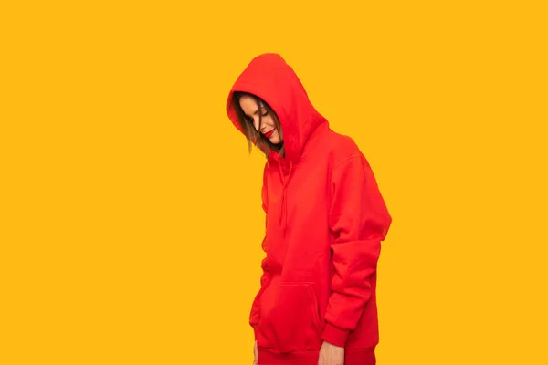 Cool Young Hipster Red Hooded Head Hood Yellow Background Posing — Stock Photo, Image