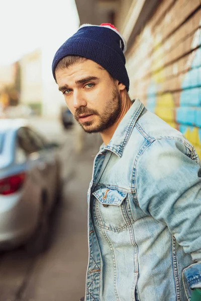 Portrait Young Sexy Hipster Posing Street Fashion Street City — Stock Photo, Image