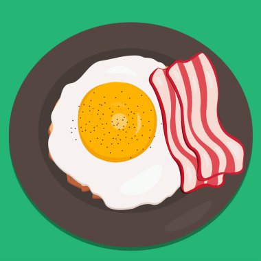 Pastırma dilimlerini karanlık bir tabak kızarmış yumurta. İştah açıcı kahvaltı illüstrasyon. Vektör grafikleri.