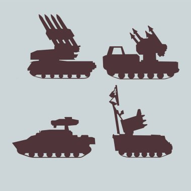 Kahverengi tank ve roket plakaları beyaz bir arka planda vektör çizim kümesi. Uçaksavar füze sistemleri kümesi askeri teçhizat. Vektör grafikleri.