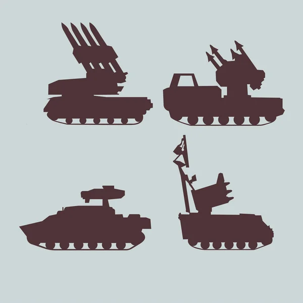 Set Brown Tanks Rocket Plates White Background Vector Illustration Military — Stock Vector