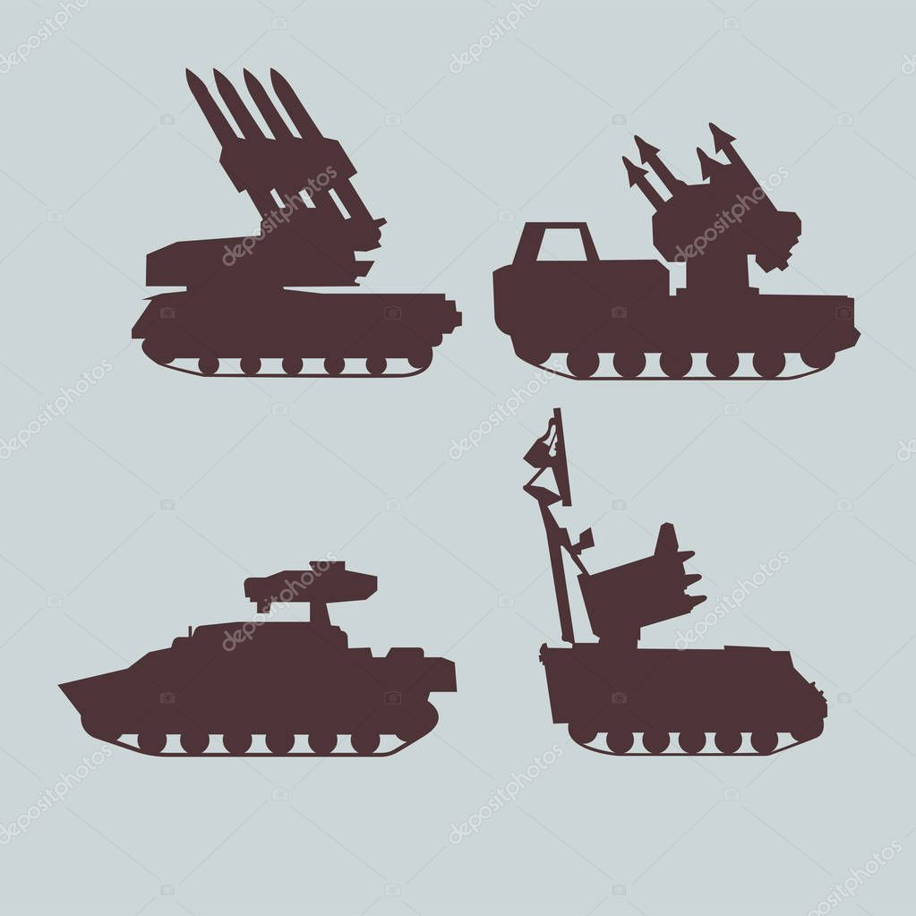 Set of brown tanks and rocket plates on a white background, vector illustration. Military equipment set of anti-aircraft missile systems. Vector graphics.