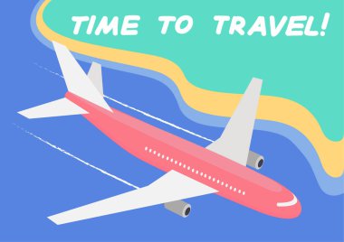 Seyahat zamanı! -kavramı. Deniz ve plaj üzerinde uçan bir yolcu uçağı ile kartpostal. Vektör grafikleri.