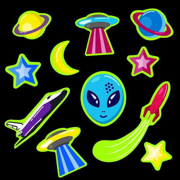 Weltraum Aufkleber Rakete Alien Ufo Sterne Säureneonpack — Stockfoto