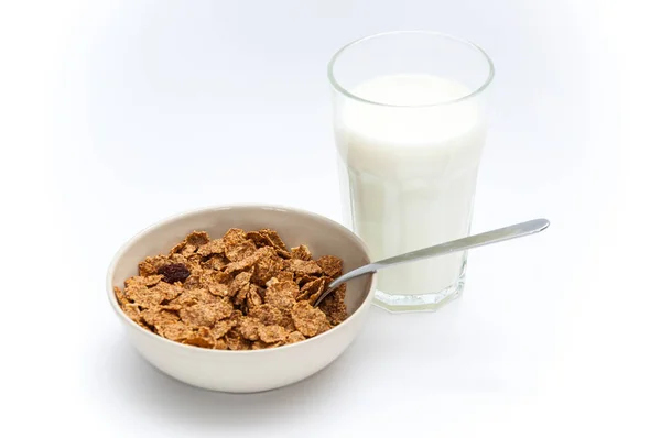 Brown Cereals Bowl Glass Milk White Background — Stock Photo, Image