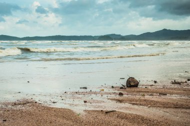 Arka planda küçük bulutlar ve mavi gökyüzü ile tropik Ocean beach