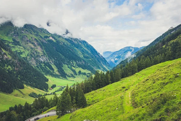 Alpes Austríacos Cobertos Grama Verde Florestas Com Pequenos Raios Sol — Fotografia de Stock