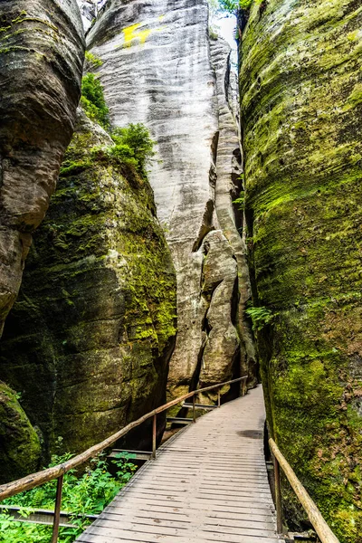 Islak uzun kayalar arasındaki tahta patika.