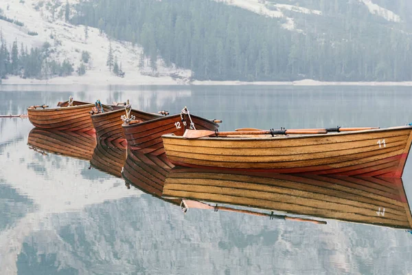 Wooden Boats Spectacular Lake Foggy Morning Italian Dolomites Lago Braies — Stock Photo, Image