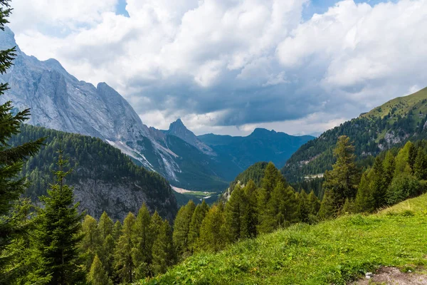 Florestas Verdes Dolomitas Sob Céu Nublado — Fotografia de Stock