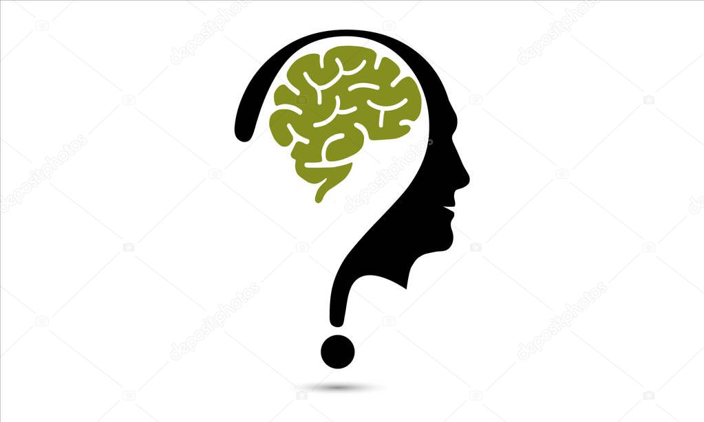 Brain with question mark and human, vector icon isolated black and green eps