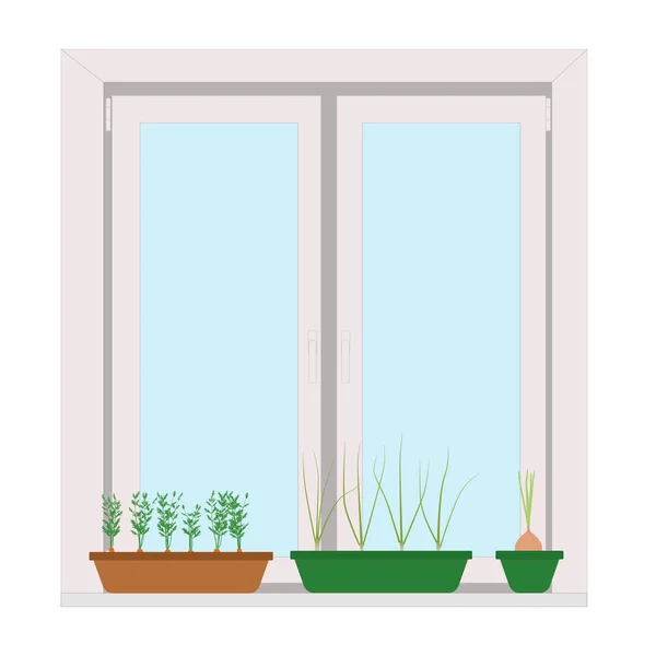 Gemüsegarten Hause Auf Fensterbank Vektor Illustration — Stockvektor