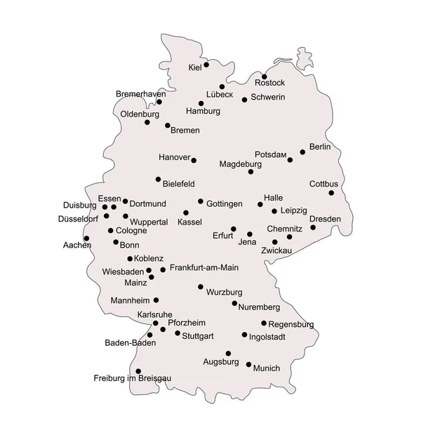 Deutschland Umrisskarte Mit Strich Isoliert Auf Weißem Hintergrund Mit Großstädten — Stockvektor