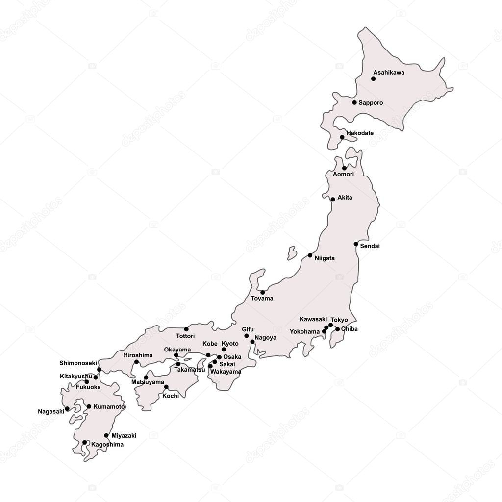 Japan outline map with stroke isolated on white background with major cities