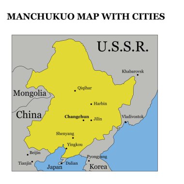 Manchukuo komşu ülkeler ve büyük şehirlerde vektör çizim Mançurya İkinci Dünya Savaşı sırasında modern Çin devleti topraklarında tarihsel Haritası