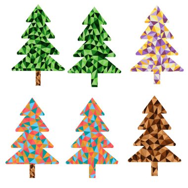 Noel ağacı Ladin düşük Poli stil kontur vektör yeşil, kahverengi ve çok renkli renklerini ayarlama