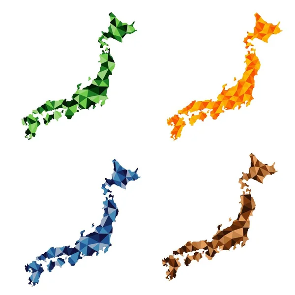 Japonsko Polygonální Mapy Nastavit Pozadí Nízké Poly Modré Zelené Hnědé — Stockový vektor