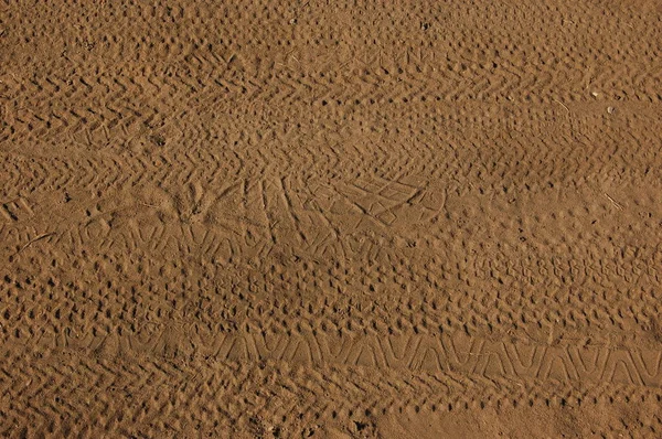 背景水平痕迹的鞋子和自行车轮胎在米色沙上 — 图库照片