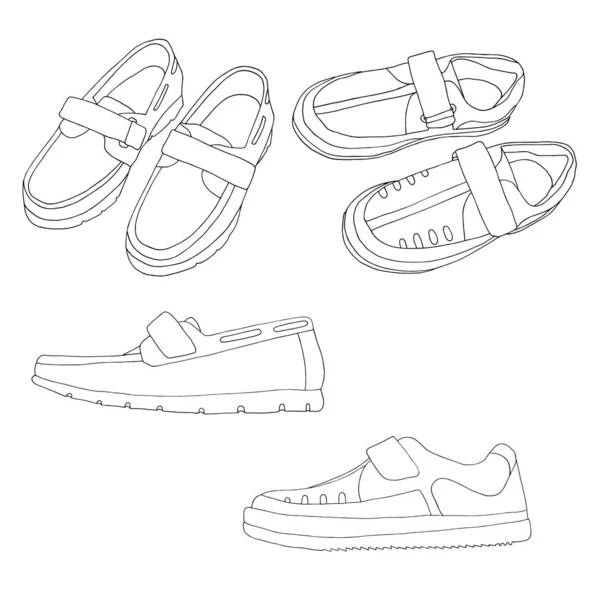 Contornos Dois Pares Sapatos Masculinos Infantis Desenhados Com Forro Escaneados —  Vetores de Stock