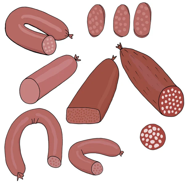 Salsichas Carne Conjunto Ilustração Vetorial — Vetor de Stock