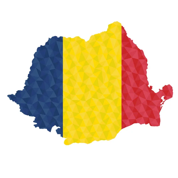 国の地図の輪郭上のルーマニアの多角形の旗 低ポリスタイルベクトルイラストEps — ストックベクタ