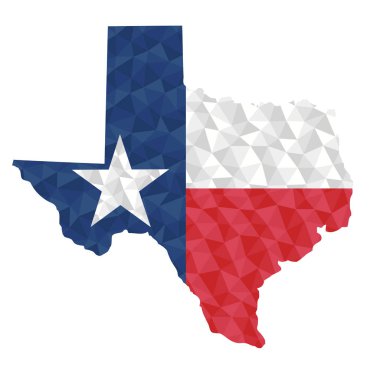 Ülke haritasının konturunda Teksas'ın çokgen bayrağı. Düşük poli stil vektör illüstrasyon eps