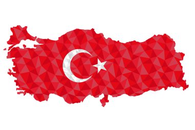 Ülke haritasında Türkiye'nin çokgen bayrağı. Düşük poli stil vektör illüstrasyon eps