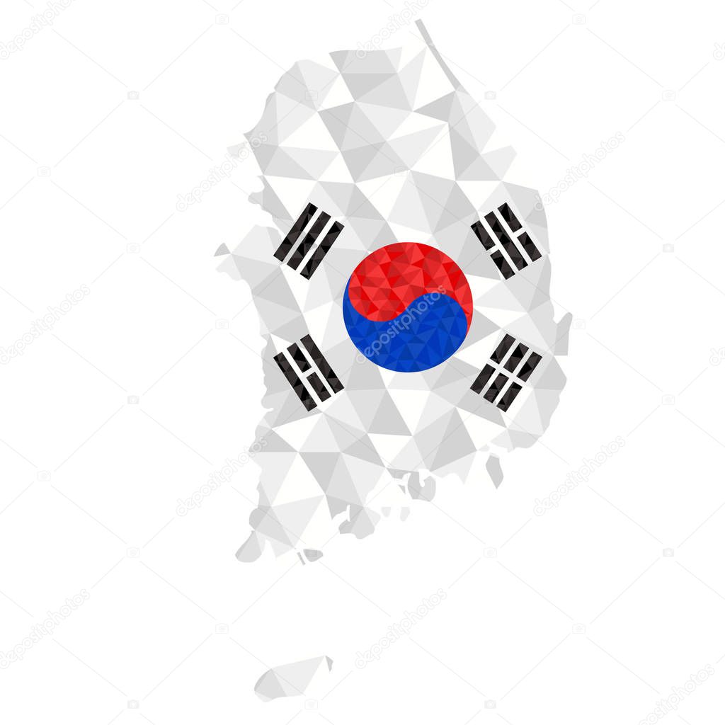 Polygonal flag of Republic of Korea on contour of the country map. Low poly style vector illustration eps