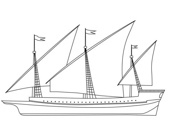 Malvorlage Umriss Eines Schiffes Mit Dreieckigen Segeln Vektorillustration — Stockvektor