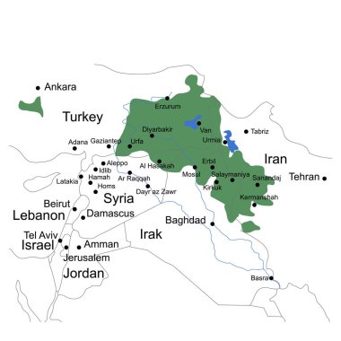 Orta Doğu haritasında Kürdistan 'ın yeri. Sınırları ve şehir isimleri olan çok katmanlı bir harita. Vektör illüstrasyonu.