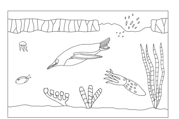 Life of marine animals. Underwater world. Penguin hunting. Coloring vector illustration