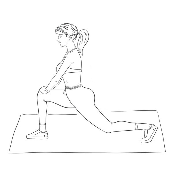 A woman is doing fitness stretching illustration in gray isolate