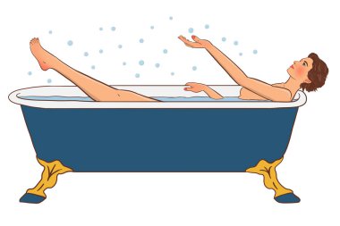 Baloncuklarla oynayan genç ve güzel bir kadın, banyo resimlerini iğne iplikle çizmekten zevk alıyor.