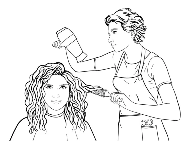Woman Hairdresser Dries Hair Girl Long Curly Hair Contour Illustration — Stock Photo, Image