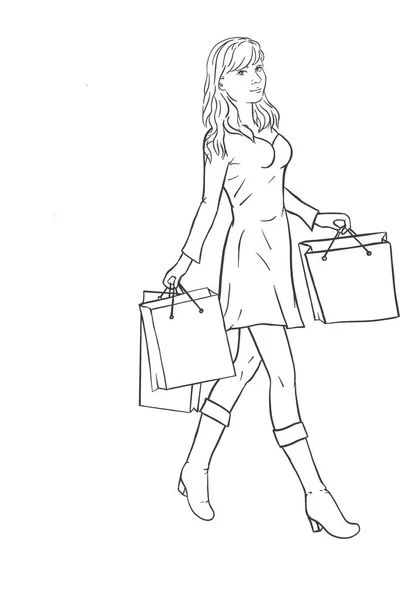 Glad Vacker Kvinna Shoppare Promenader Med Shoppingväskor Och Leenden Kontur — Stockfoto