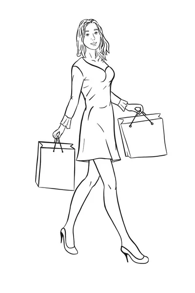 Krásná Žena Nakupující Procházky Nákupními Taškami Úsměvy Obrys Ilustrace — Stock fotografie