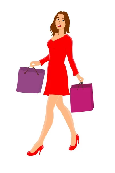 Smiling Woman Shopper Walks Shopping Bags Illustration Color Outline — Stock Photo, Image