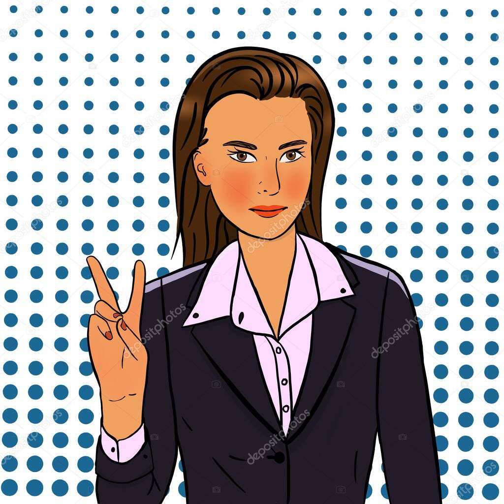 Woman in a jacket shows the victory sign with her fingers illustration in color pop art style