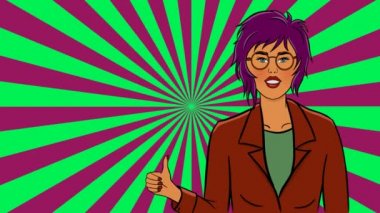 Ceketli kadın bir jestle onaylıyor ve renkli pop sanatıyla 5 saniyelik animasyon videosu ve reklam veya yazıyla göz kırpıyor.