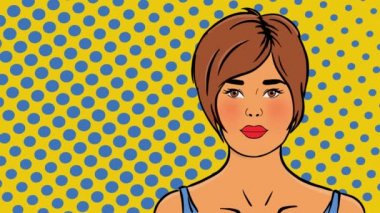 Ceketli kadın bulutu işaret ederek renkli pop sanatıyla ilgili animasyon videosu satıyor.