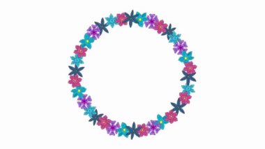 Beyaz arka planda mavi, mor ve kırmızı çiçeklerin çelenk dönüşleri