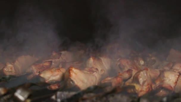 Primo Piano Succosa Carne Alla Griglia Maiale Manzo Con Crosta — Video Stock