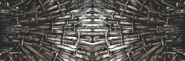 Metal şövalye kılıç arka plan. Kopya alanı ile panoramik web banner. Kavram Knights.