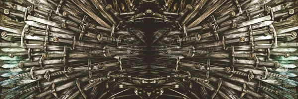 Metal şövalye kılıç arka plan. Kopya alanı ile panoramik web banner. Kavram Knights.