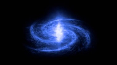 Galaksinin ön görüntüsü sabit. Galaksiyi yarıçapına göre döndür. Mor evren galaksisi. Uhd videosu.